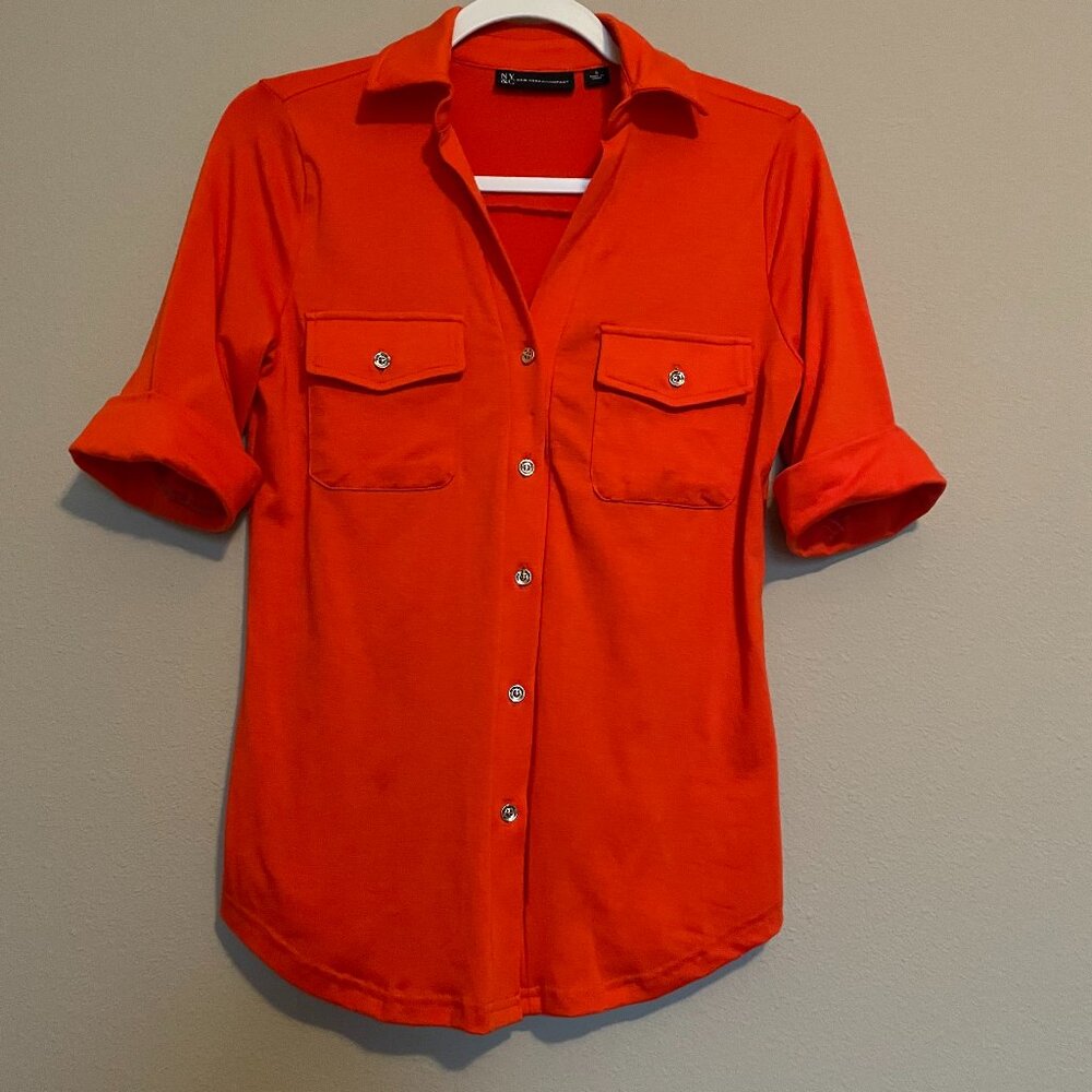 New York and Company, Size S, Bright Orange, Cotton, Button up Roll Sleeve Shirt